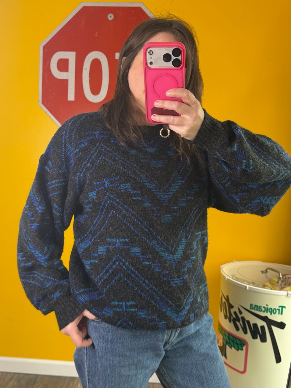 Vintage Michael Gerald Sweater Size Medium Black Blue Geometric Grandpa 90s